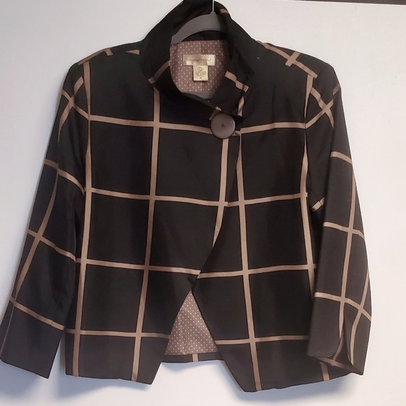 Vintage 100% Silk Black and Gold Big Check Cropped Blazer Jacket Size 14 - Picture 1 of 7